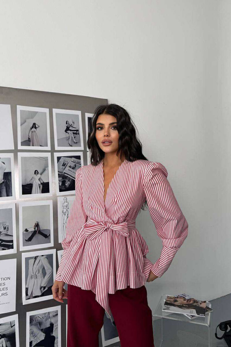 STRIPE DESIGN V NECK LACING WOMEN SHIRT RED/E KUQE - 1