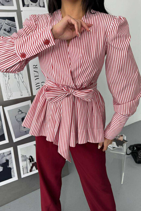 STRIPE DESIGN V NECK LACING WOMEN SHIRT RED/E KUQE - 3
