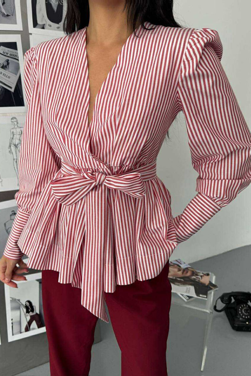 STRIPE DESIGN V NECK LACING WOMEN SHIRT RED/E KUQE - 4