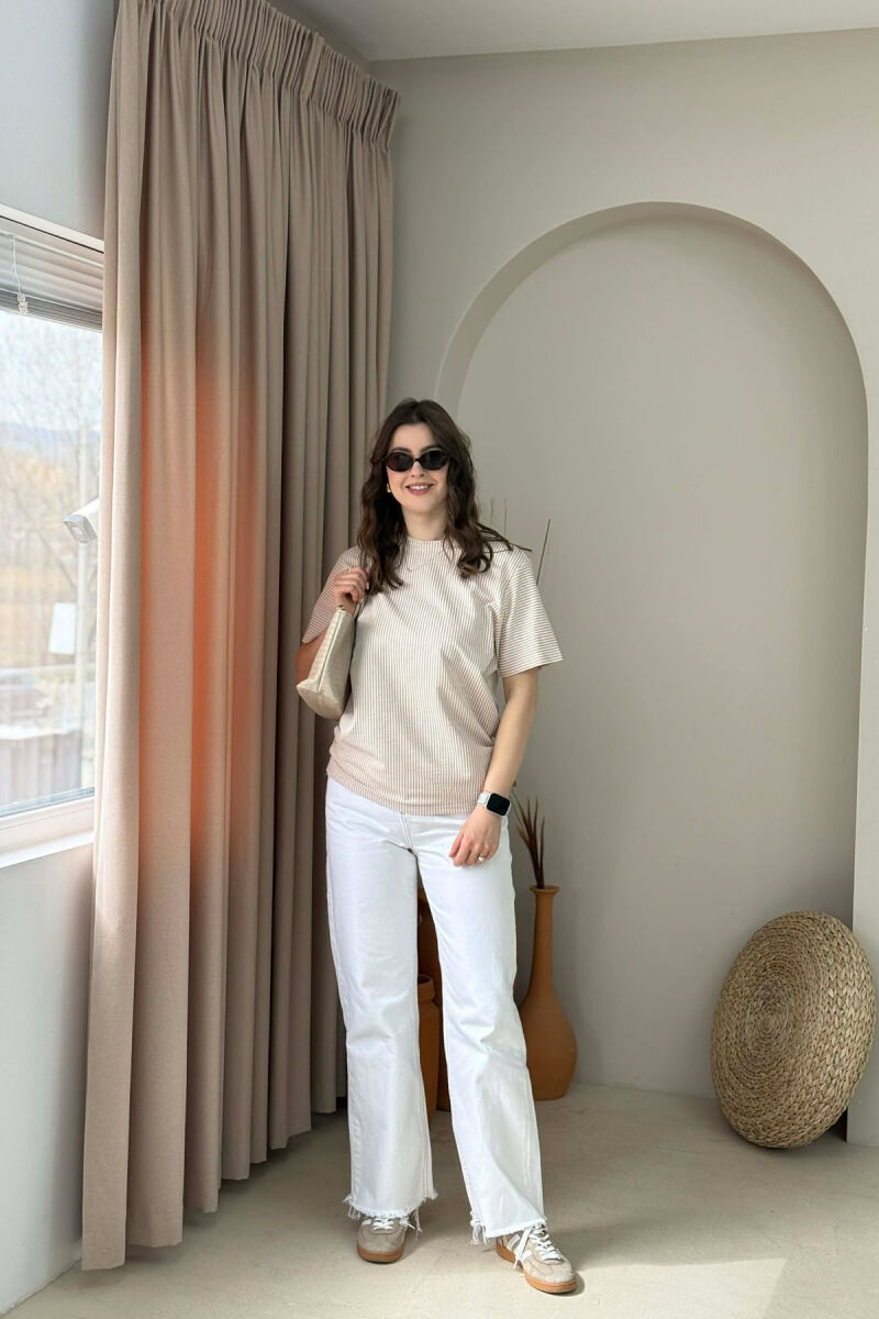 STRIPE DESIGN WOMAN T- SHIRT + 6 PAIR SOCKS BEIGE/BEZHE - 2