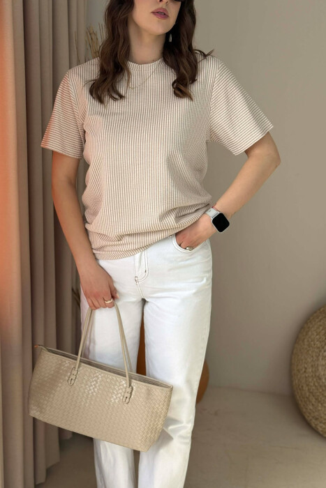 STRIPE DESIGN WOMAN T- SHIRT + 6 PAIR SOCKS BEIGE/BEZHE - 3