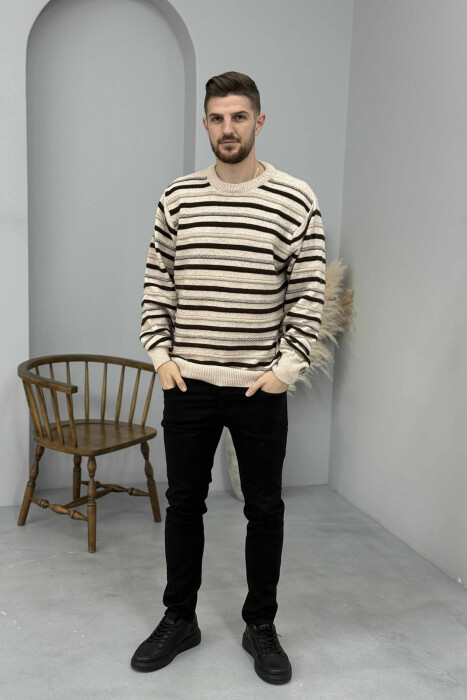 STRIPE KNITTED ROUND NECK MEN SWEATER BEIGE/BEZHE 