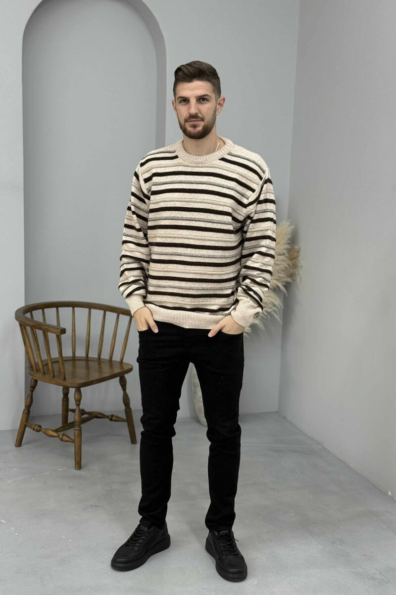 STRIPE KNITTED ROUND NECK MEN SWEATER BEIGE/BEZHE - 1