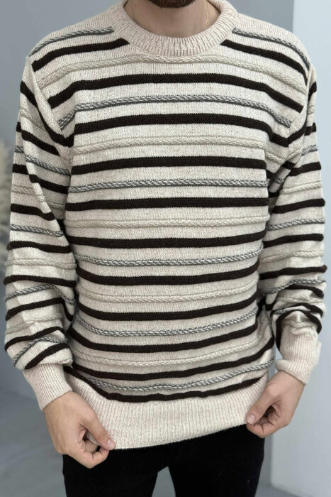 STRIPE KNITTED ROUND NECK MEN SWEATER BEIGE/BEZHE - 2