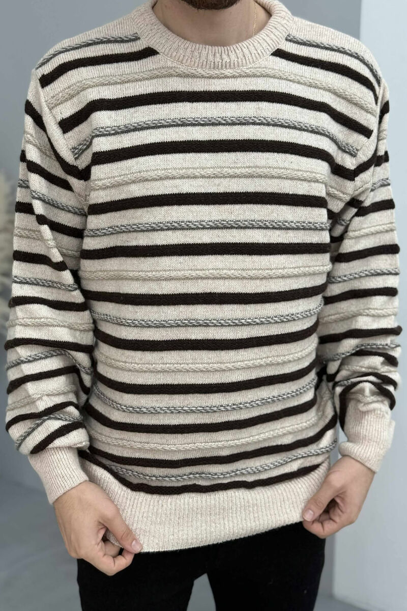 STRIPE KNITTED ROUND NECK MEN SWEATER BEIGE/BEZHE - 2