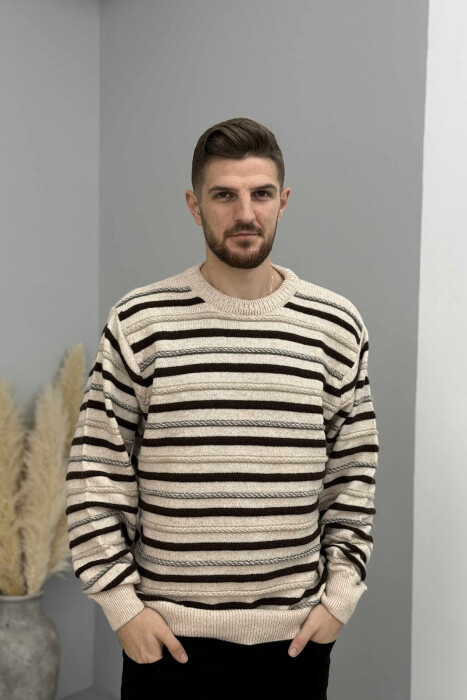 STRIPE KNITTED ROUND NECK MEN SWEATER BEIGE/BEZHE - 3