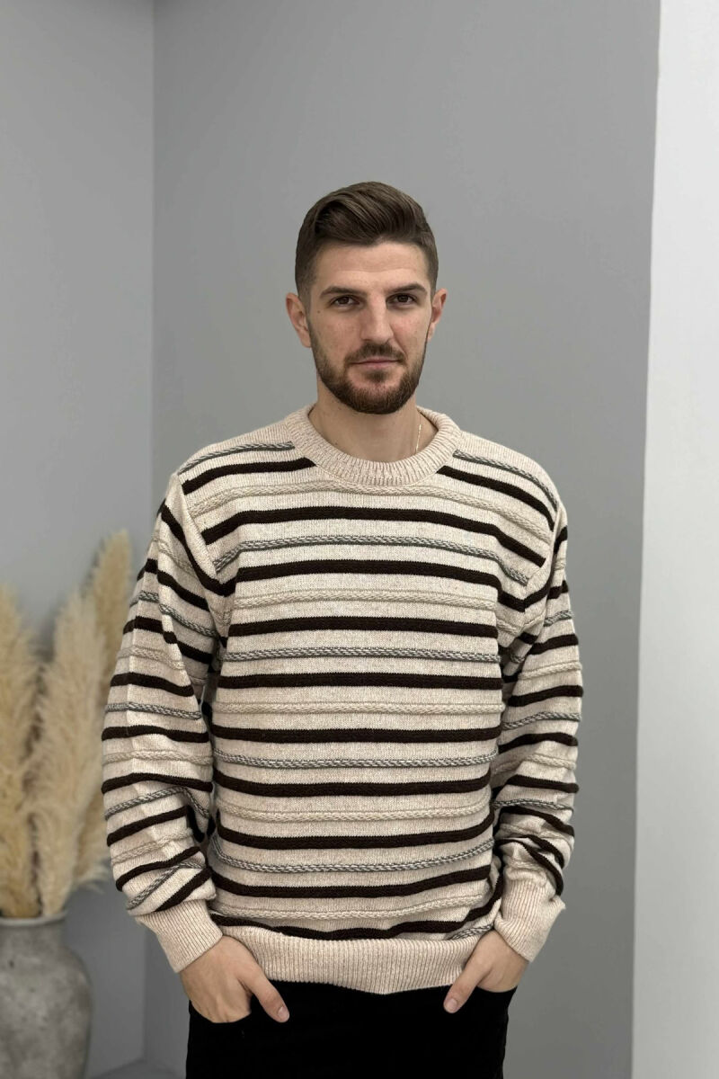 STRIPE KNITTED ROUND NECK MEN SWEATER BEIGE/BEZHE - 3