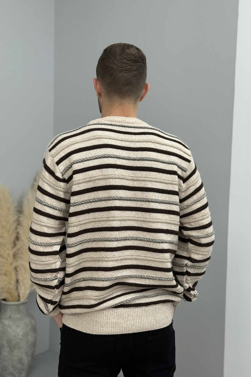STRIPE KNITTED ROUND NECK MEN SWEATER BEIGE/BEZHE - 4