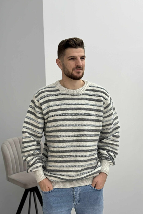 STRIPE KNITTED ROUND NECK MEN SWEATER LIGHT GREY/GZ - 3