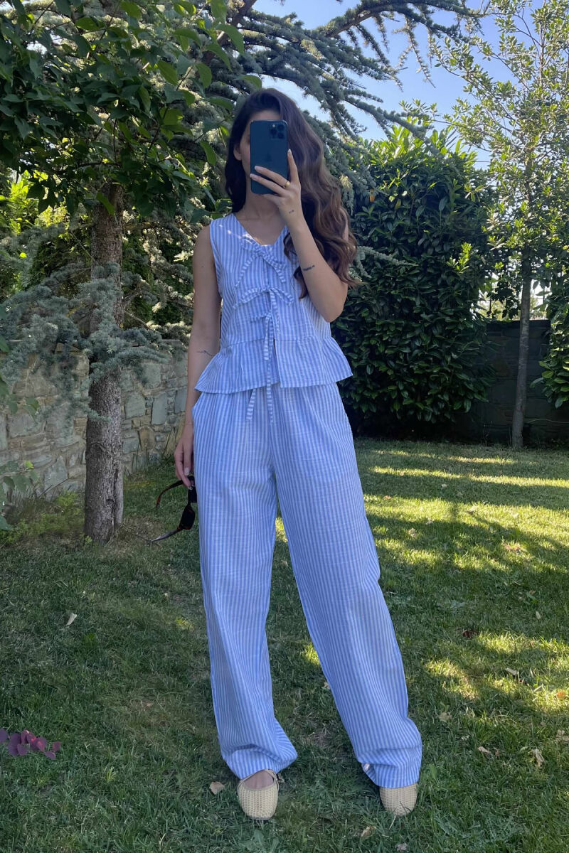 STRIPE LACING TANK TOP+TROUSERS WOMEN SET LIGHTBLUE/BZ - 1