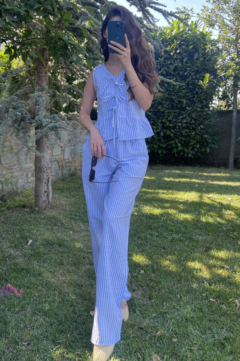 STRIPE LACING TANK TOP+TROUSERS WOMEN SET LIGHTBLUE/BZ - 5