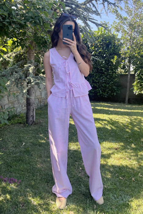 STRIPE LACING TANK TOP+TROUSERS WOMEN SET PINK/ROZE - 2