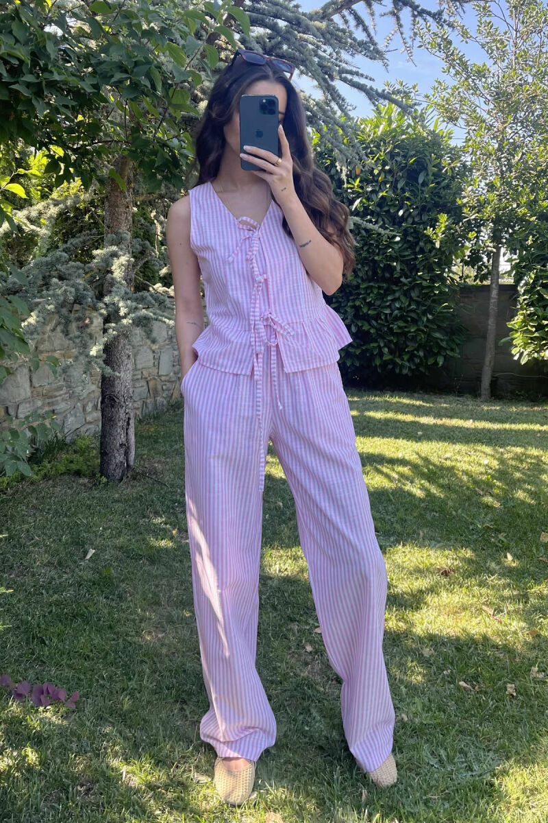 STRIPE LACING TANK TOP+TROUSERS WOMEN SET PINK/ROZE - 2