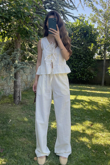 STRIPE LACING TANK TOP+TROUSERS WOMEN SET YELLOW/E VERDHE 