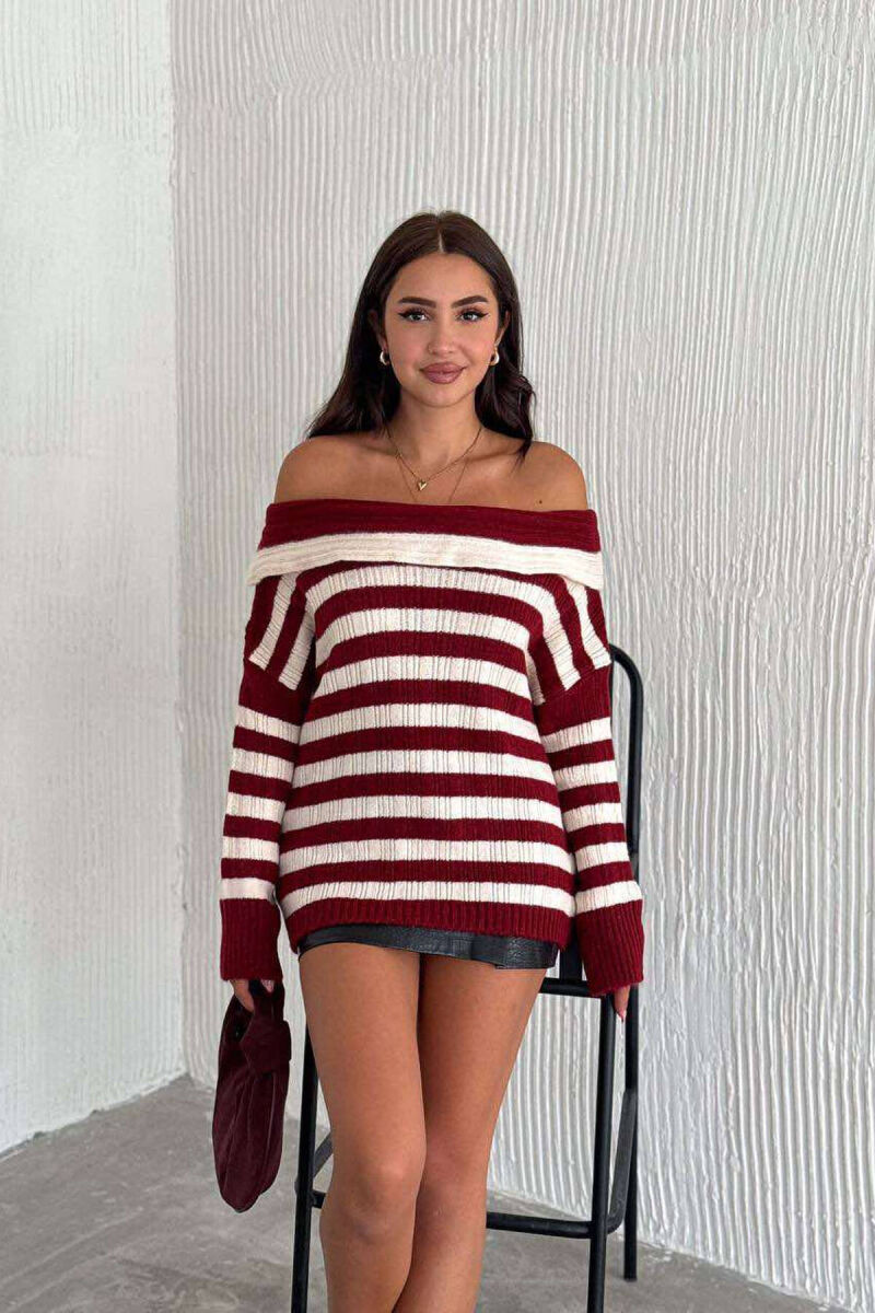 STRIPE OPEN NECK WOMEN SWEATER BURGUNDY/VISHNJE - 1