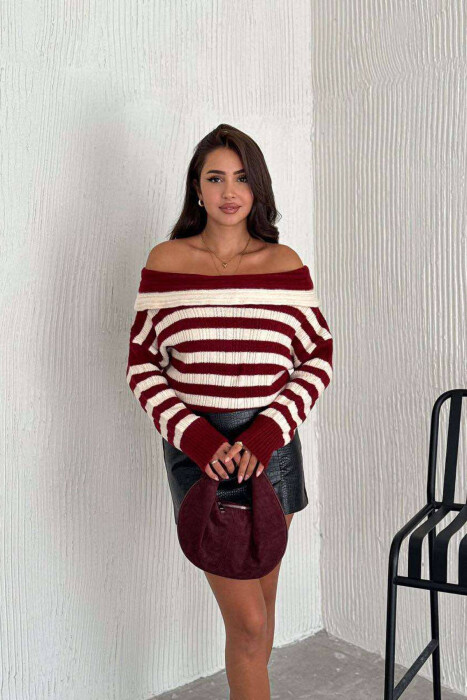 STRIPE OPEN NECK WOMEN SWEATER BURGUNDY/VISHNJE - 2