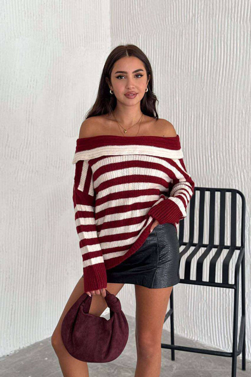 STRIPE OPEN NECK WOMEN SWEATER BURGUNDY/VISHNJE - 5