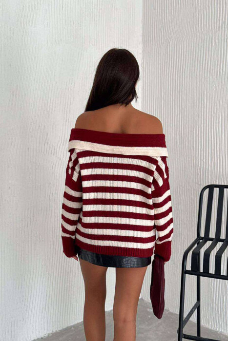 STRIPE OPEN NECK WOMEN SWEATER BURGUNDY/VISHNJE - 6