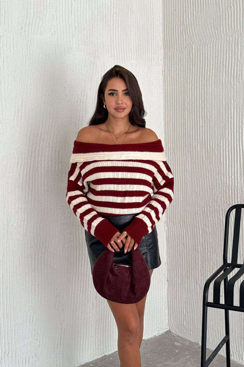 STRIPE OPEN NECK WOMEN SWEATER BURGUNDY/VISHNJE - 2