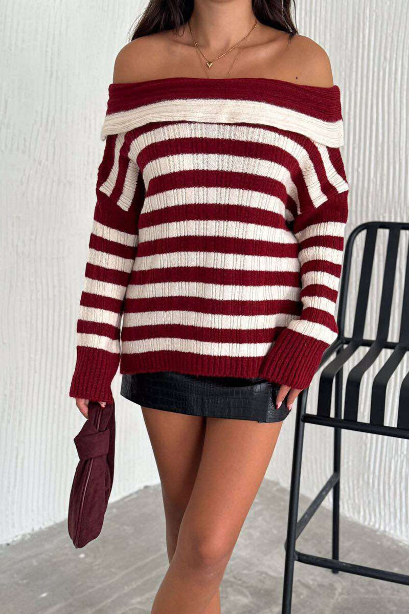 STRIPE OPEN NECK WOMEN SWEATER BURGUNDY/VISHNJE - 4