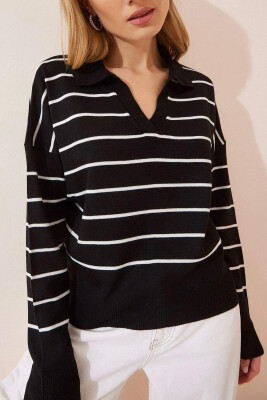 STRIPE POLO NECK WOMEN SWEATER BLACK-WHITE/ZEBA 