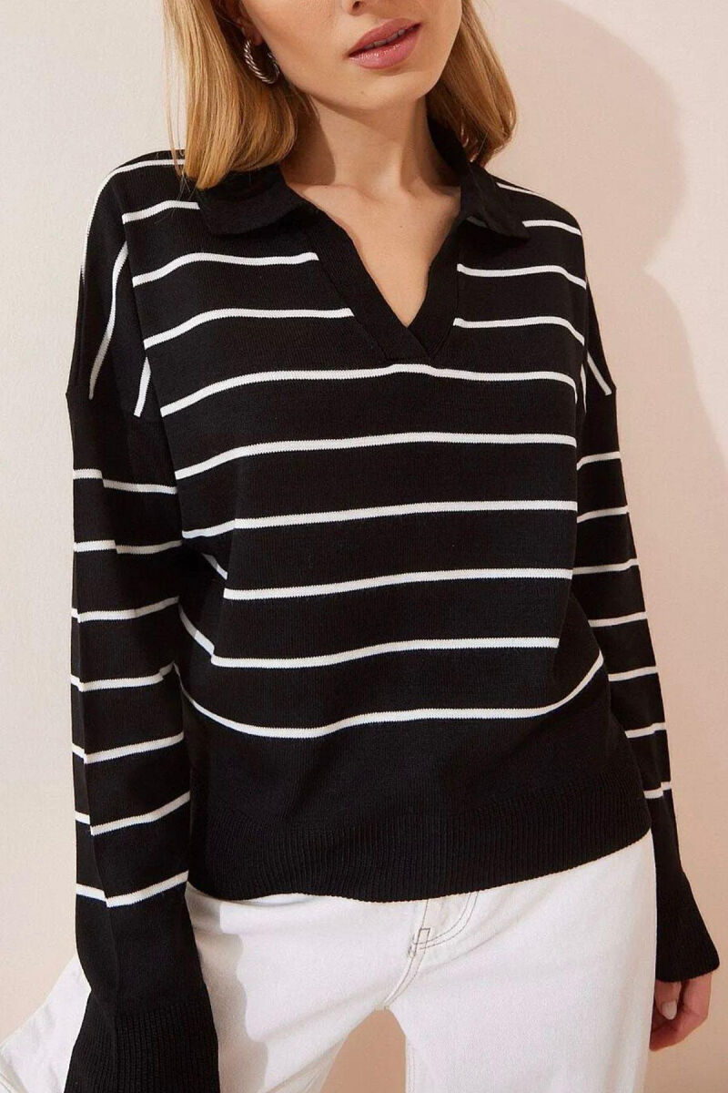 STRIPE POLO NECK WOMEN SWEATER BLACK-WHITE/ZEBA - 1