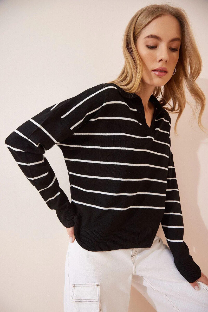 STRIPE POLO NECK WOMEN SWEATER BLACK-WHITE/ZEBA - 2