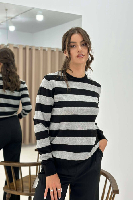 STRIPE ROUND NECK WOMEN SWEATSHIRT BLACK-GREY/ZEGR - 4