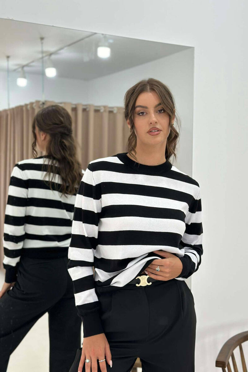 STRIPE ROUND NECK WOMEN SWEATSHIRT BLACK-WHITE/ZEBA - 1
