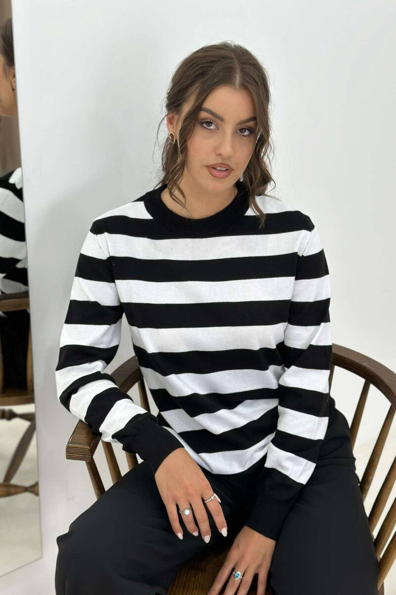 STRIPE ROUND NECK WOMEN SWEATSHIRT BLACK-WHITE/ZEBA - 2