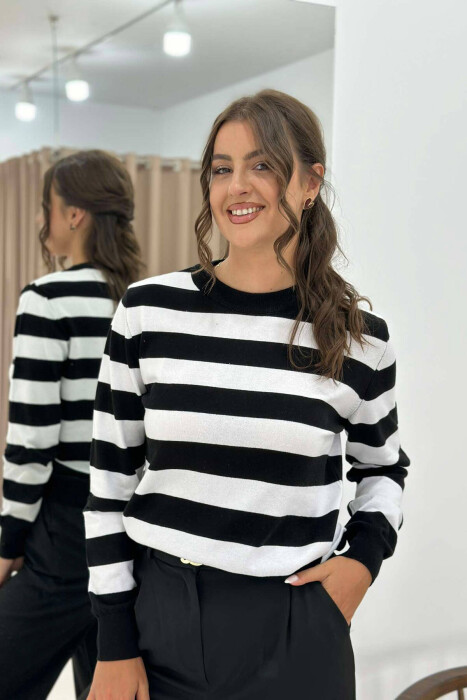 STRIPE ROUND NECK WOMEN SWEATSHIRT BLACK-WHITE/ZEBA - 4