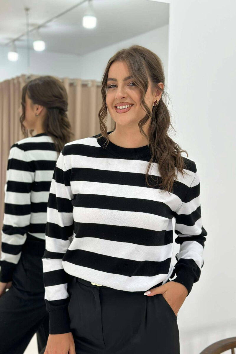 STRIPE ROUND NECK WOMEN SWEATSHIRT BLACK-WHITE/ZEBA - 4