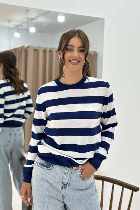 STRIPE ROUND NECK WOMEN SWEATSHIRT BLUE-WHITE/BLBA - 1