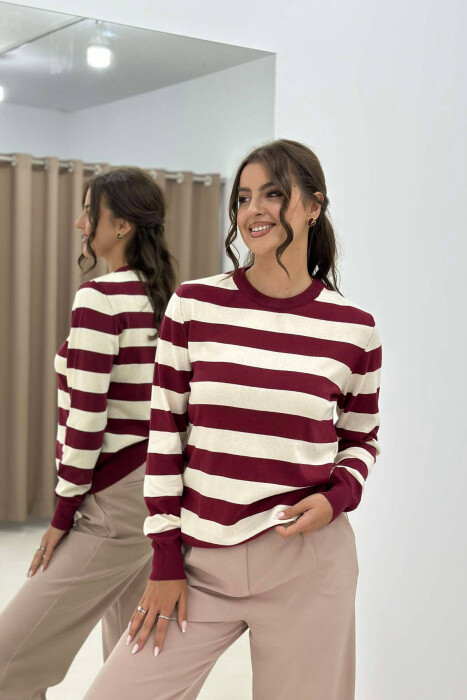 STRIPE ROUND NECK WOMEN SWEATSHIRT BURGUNDY/VISHNJE - 1