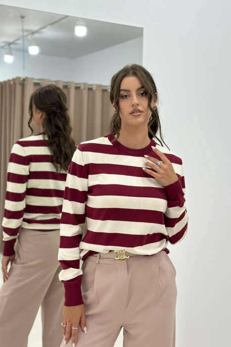 STRIPE ROUND NECK WOMEN SWEATSHIRT BURGUNDY/VISHNJE - 2