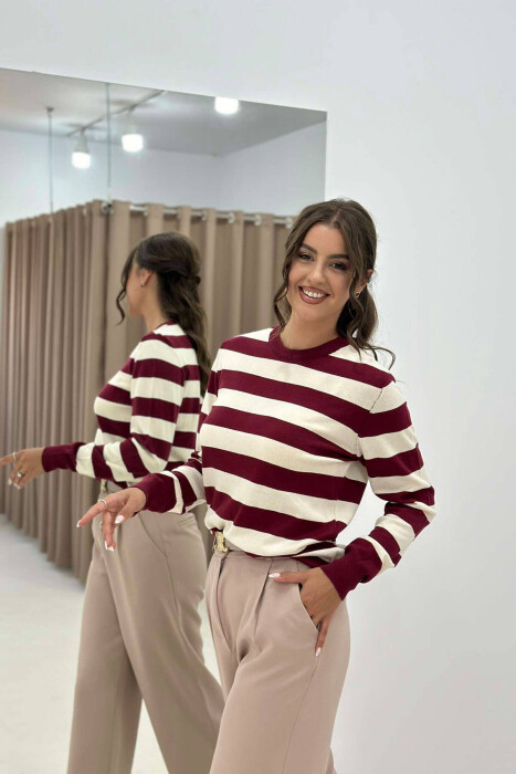 STRIPE ROUND NECK WOMEN SWEATSHIRT BURGUNDY/VISHNJE - 3