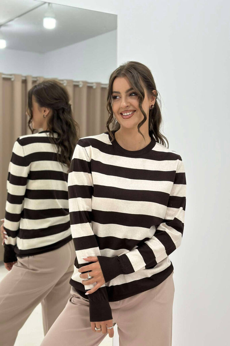 STRIPE ROUND NECK WOMEN SWEATSHIRT DARK BROWN/KAE - 1