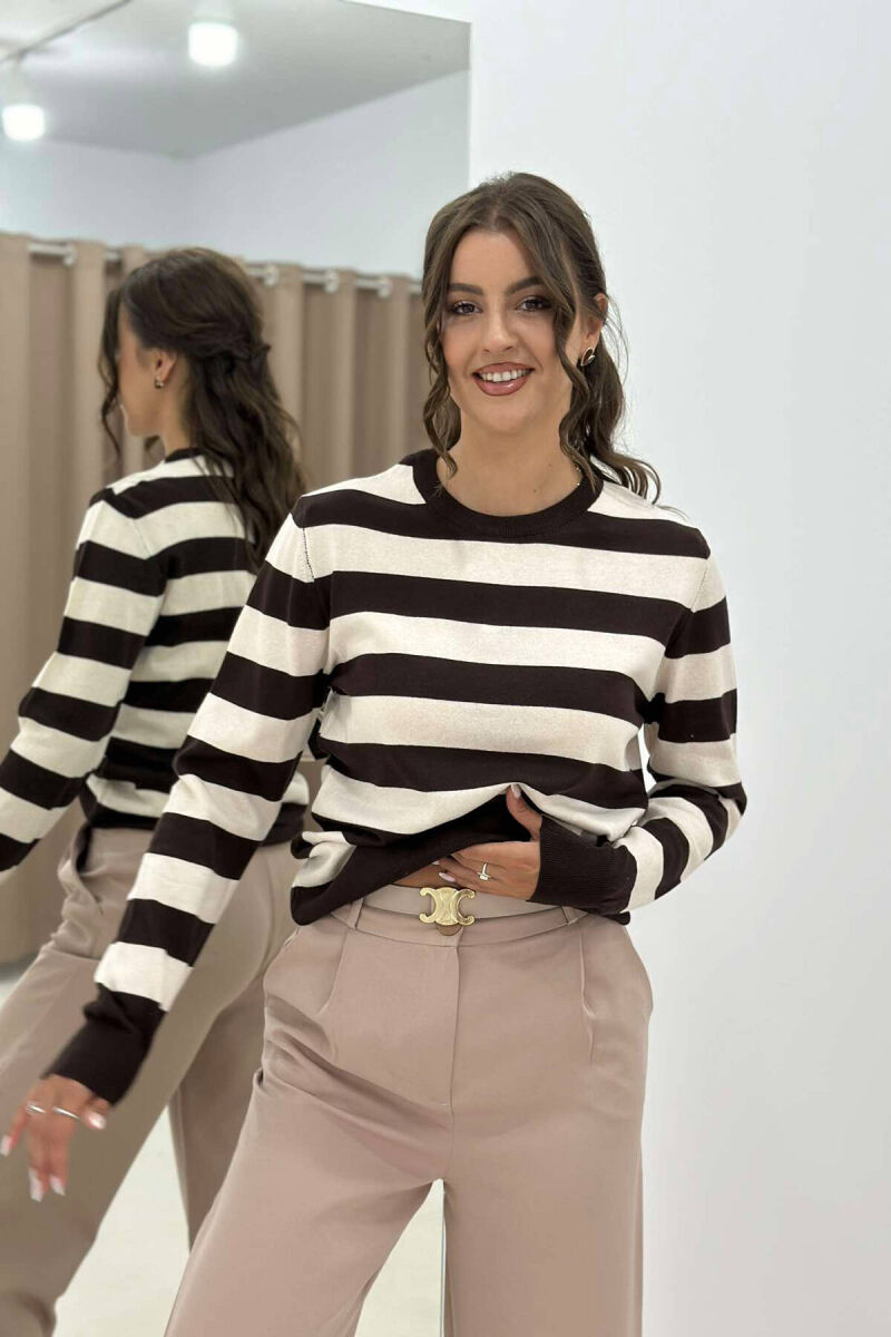 STRIPE ROUND NECK WOMEN SWEATSHIRT DARK BROWN/KAE - 3
