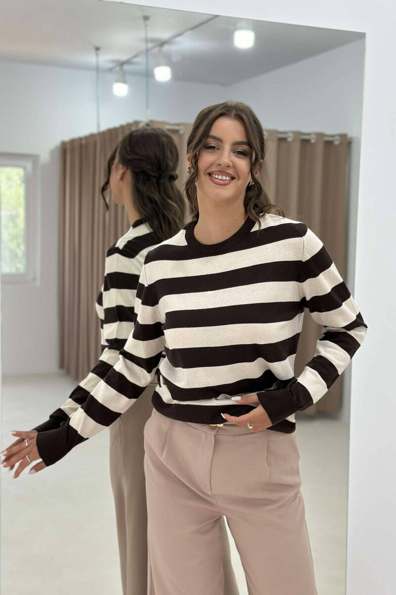 STRIPE ROUND NECK WOMEN SWEATSHIRT DARK BROWN/KAE - 4