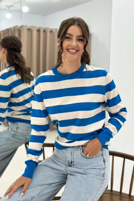 STRIPE ROUND NECK WOMEN SWEATSHIRT LIGHTBLUE/BZ - 1
