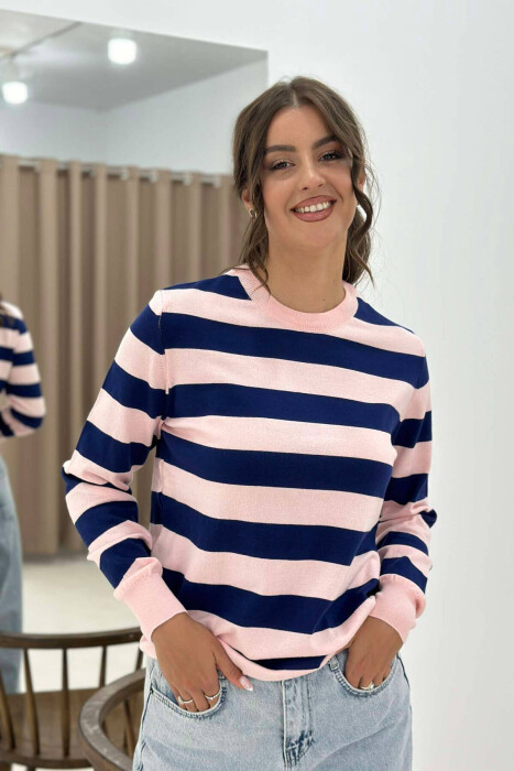 STRIPE ROUND NECK WOMEN SWEATSHIRT PINK/ROZE - 1