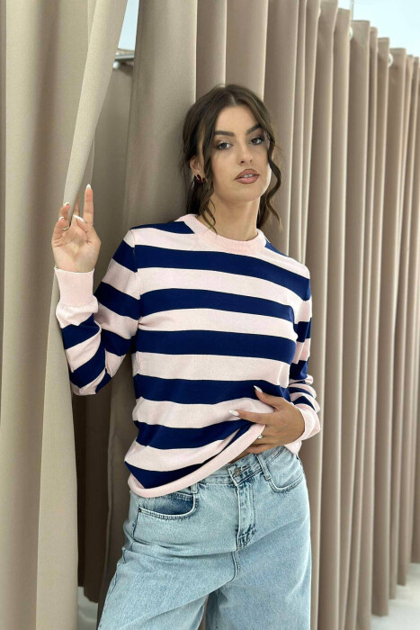 STRIPE ROUND NECK WOMEN SWEATSHIRT PINK/ROZE - 3