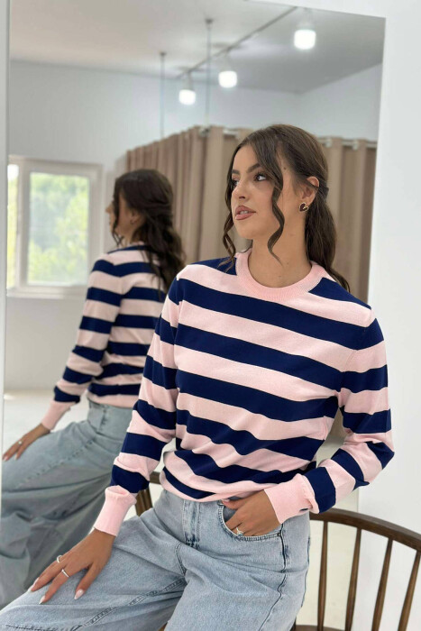 STRIPE ROUND NECK WOMEN SWEATSHIRT PINK/ROZE - 4
