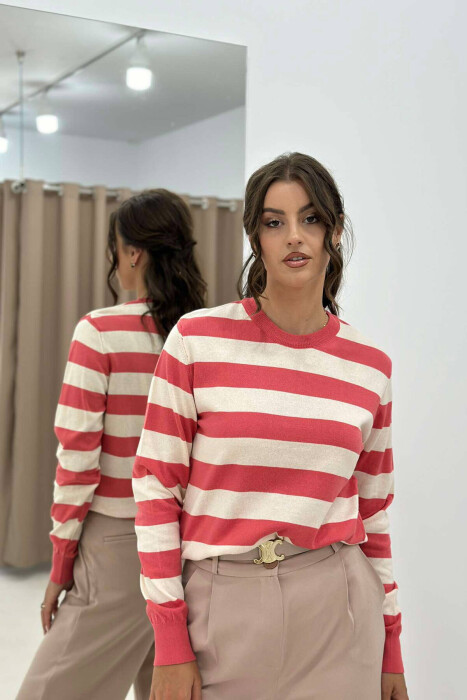 STRIPE ROUND NECK WOMEN SWEATSHIRT SALMON/SALMON 