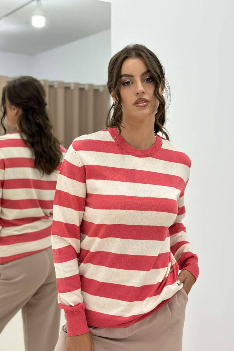STRIPE ROUND NECK WOMEN SWEATSHIRT SALMON/SALMON - 2