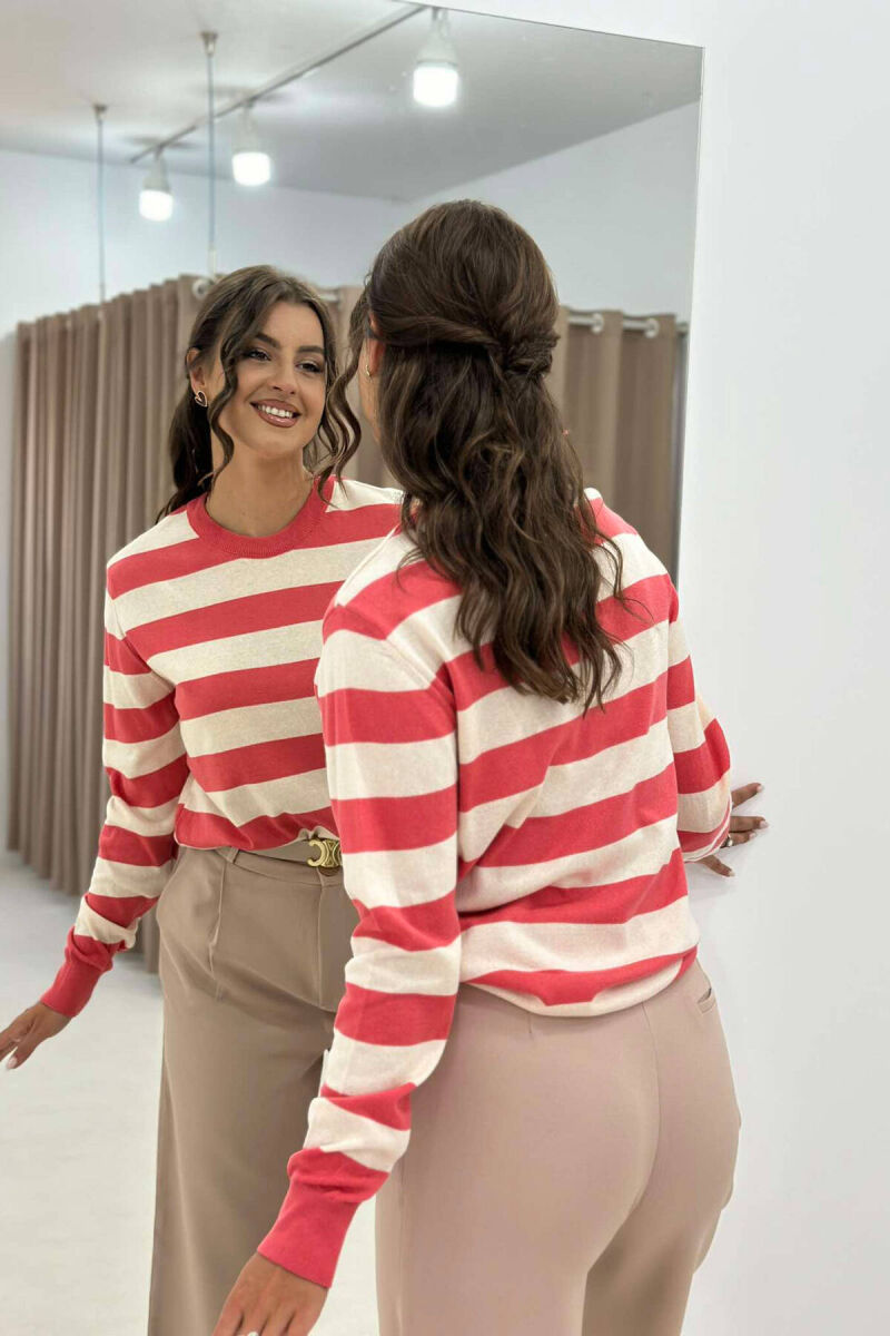 STRIPE ROUND NECK WOMEN SWEATSHIRT SALMON/SALMON - 3