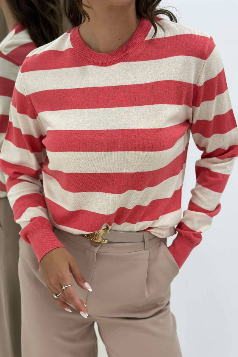 STRIPE ROUND NECK WOMEN SWEATSHIRT SALMON/SALMON - 4