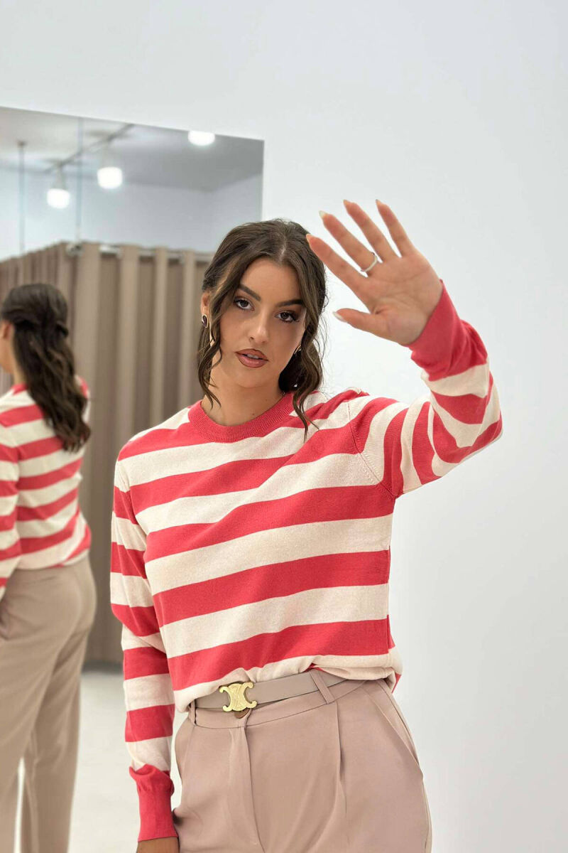 STRIPE ROUND NECK WOMEN SWEATSHIRT SALMON/SALMON - 5