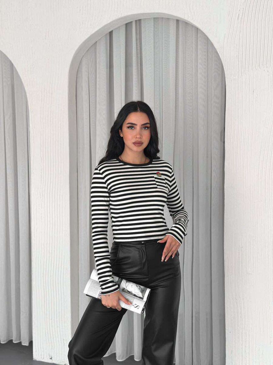 STRIPE SMALL POCKET DETAIL WOMEN SWEATSHIRT IN BLACK-WHITE COLOR - 1