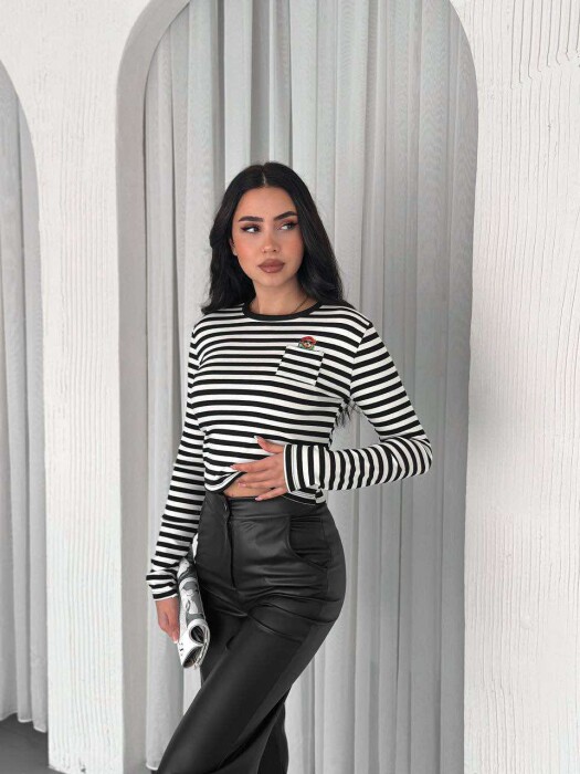 STRIPE SMALL POCKET DETAIL WOMEN SWEATSHIRT IN BLACK-WHITE COLOR - 5